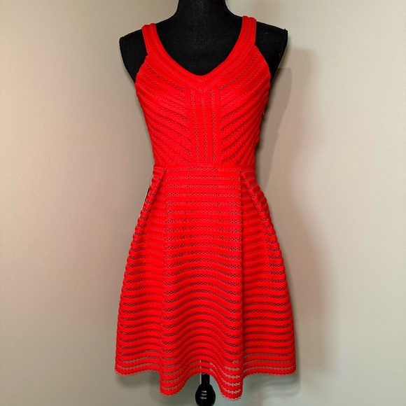 NWT size 2 Express red dress w/lace eyelet type all over detail. Holiday party - Picture 1 of 7
